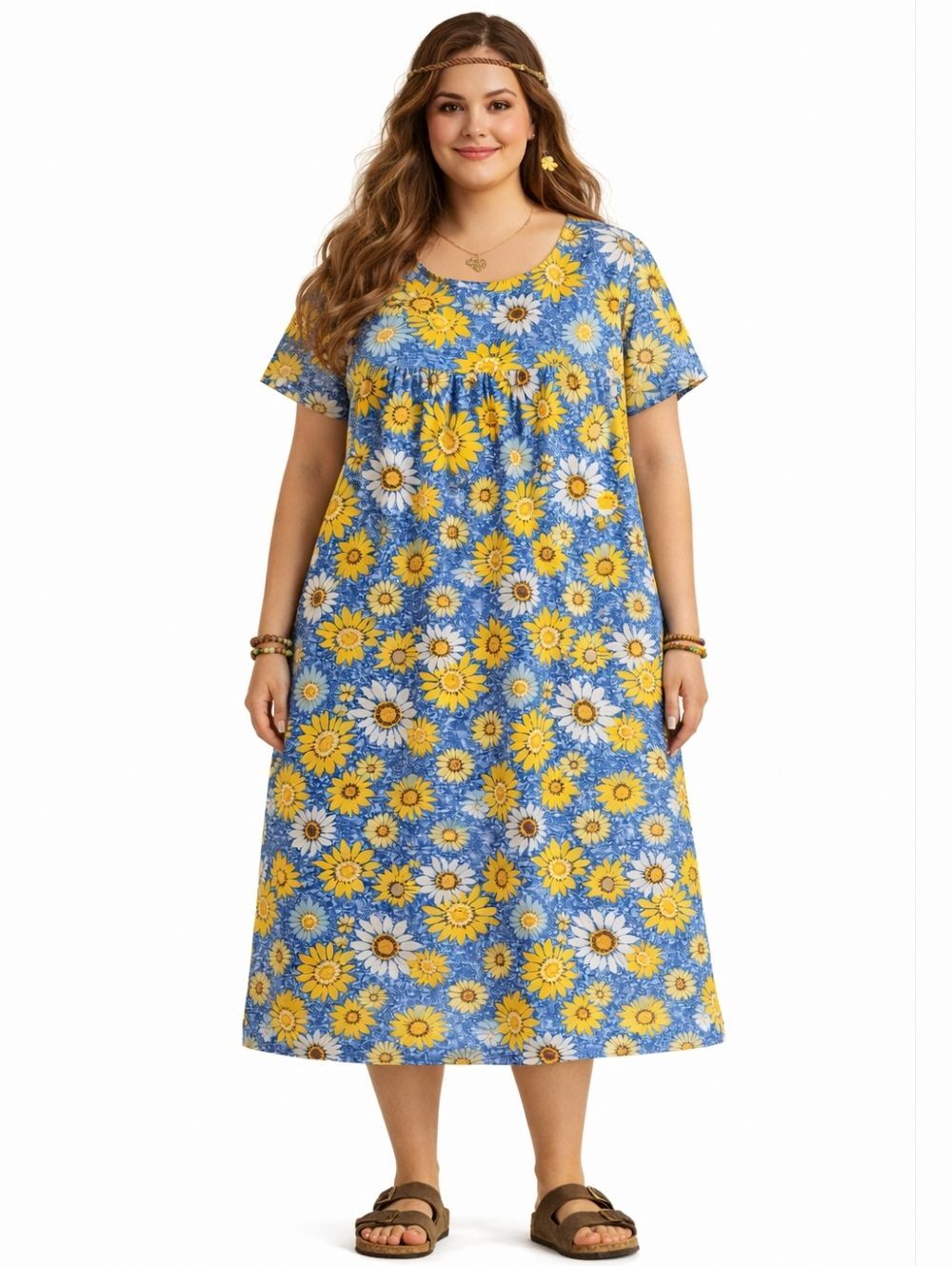 Women's Size 1X Cotton House Dress Lounger PJ Pockets Sunflower